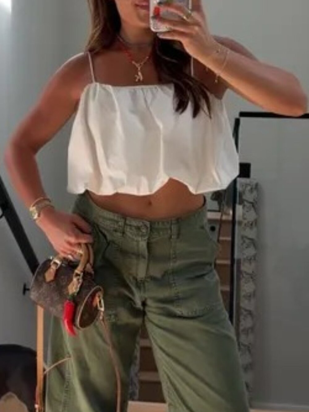 H&M Cream Bubble Hem Spaghetti-Strap Camisole Top